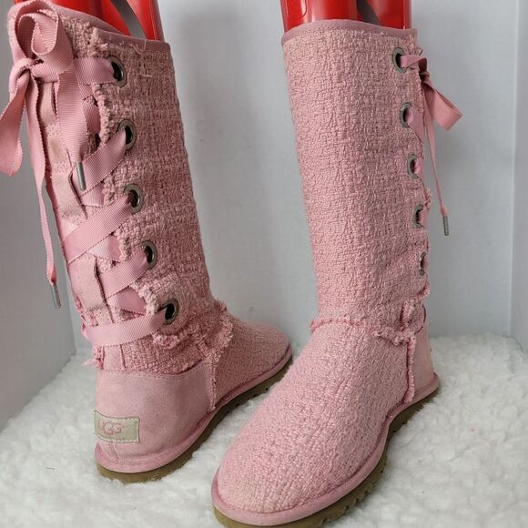 Ugg Australian Heirloom Women's Boots Size 8 Pink Canvas Lace Up Shoes - Picture 6 of 11